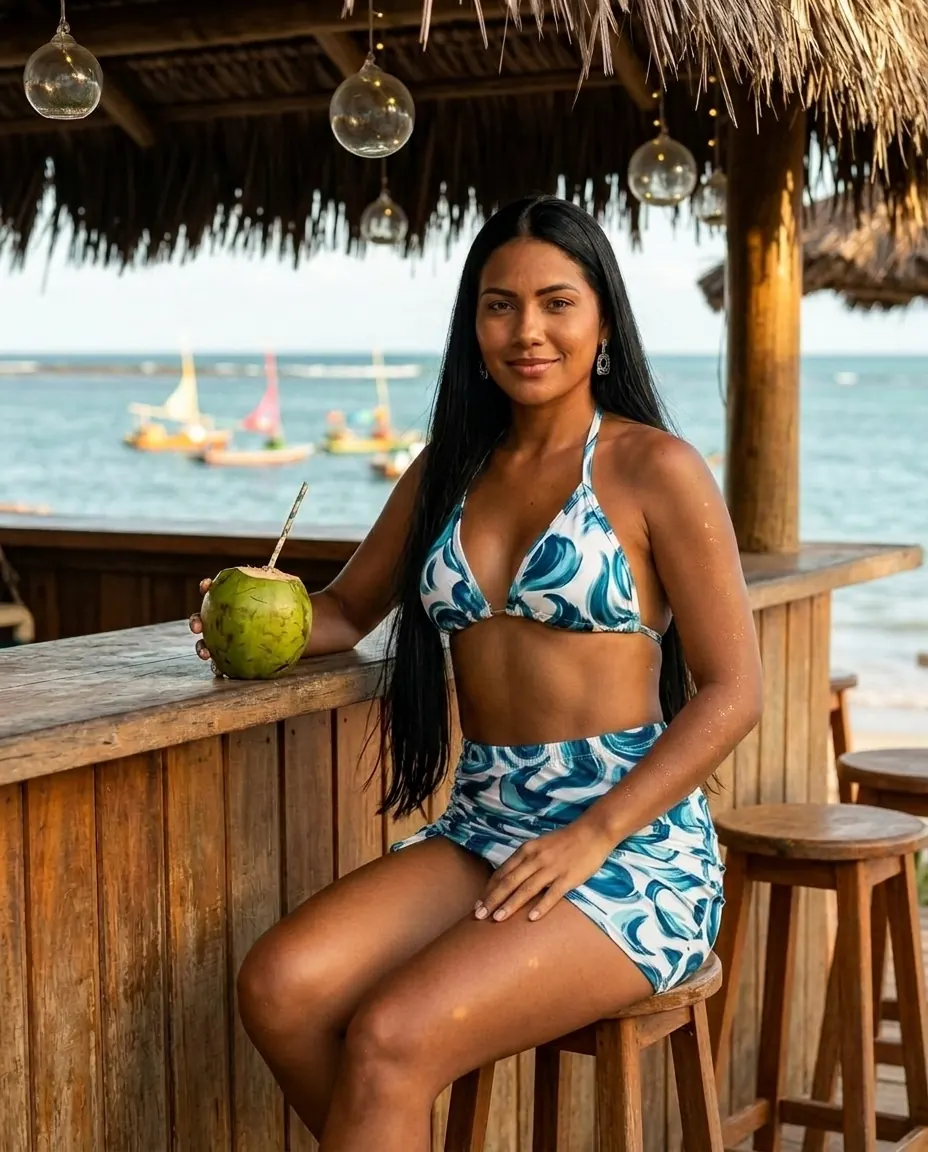 Modelo Bella Vie biquini Azul e Branco com saia em quiosque